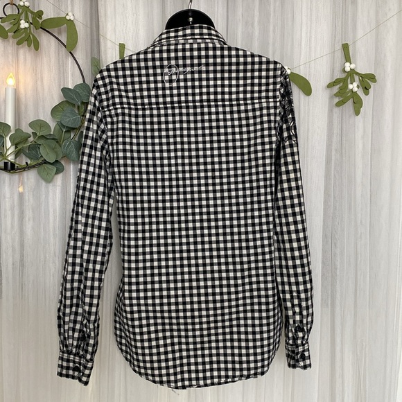 Desigual plaid black/white embroidery details, roll tap sleeves Size M - Picture 8 of 17